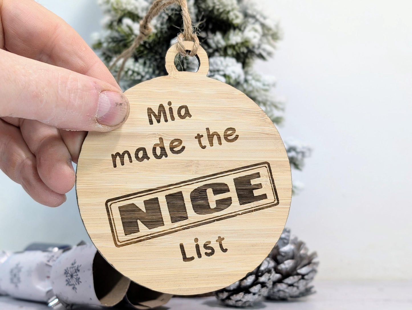 Custom Double-Sided Naughty or Nice List Bamboo Bauble | Personalised Christmas Ornament for Children | Eco-Friendly Xmas Decoration