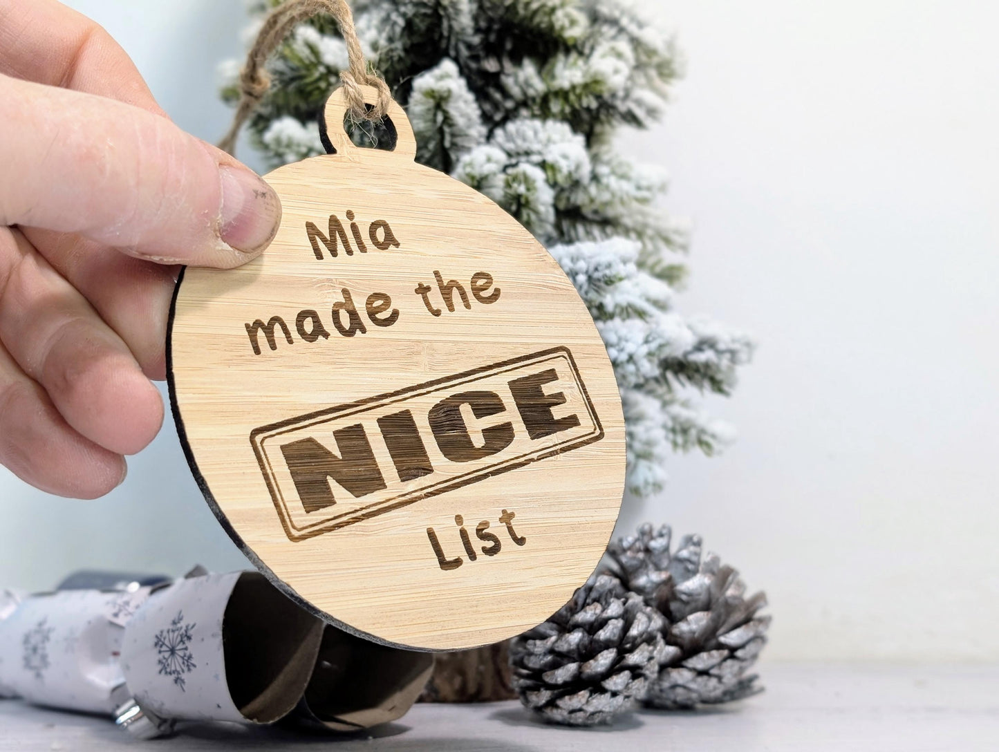 Custom Double-Sided Naughty or Nice List Bamboo Bauble | Personalised Christmas Ornament for Children | Eco-Friendly Xmas Decoration