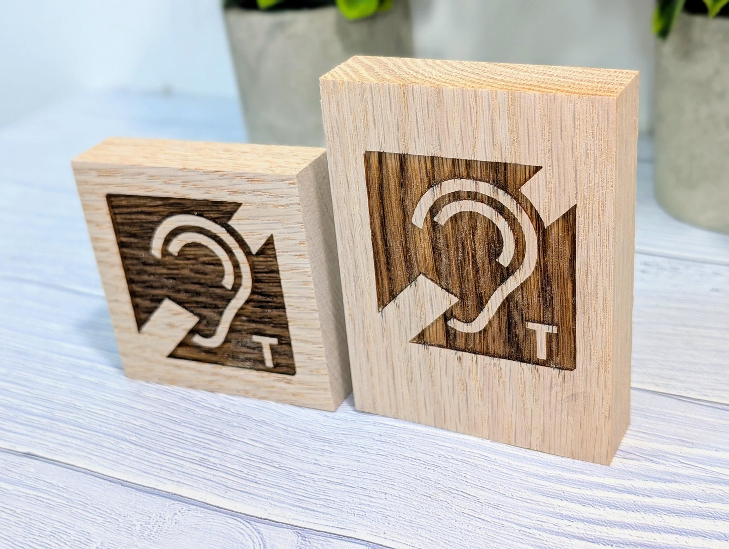 Hearing Loop Sign - Freestanding Engraved Oak Block - Accessible Signage for Businesses and Public Spaces - 2 Sizes - Hearing Aid Symbol