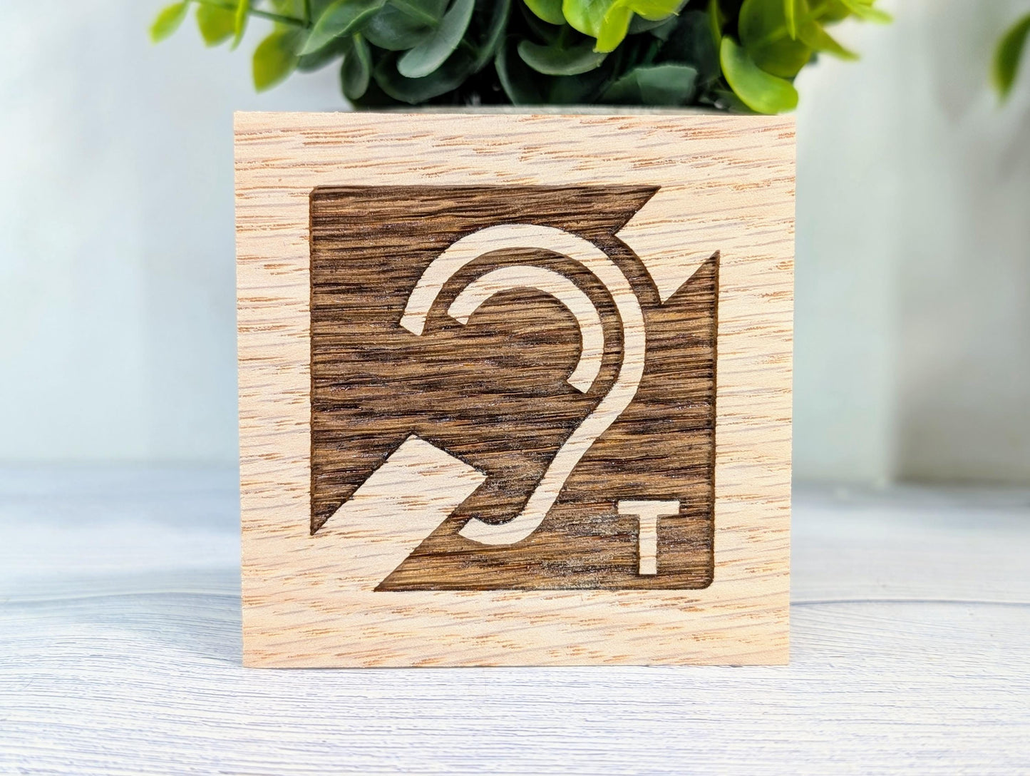 Hearing Loop Sign - Freestanding Engraved Oak Block - Accessible Signage for Businesses and Public Spaces - 2 Sizes - Hearing Aid Symbol