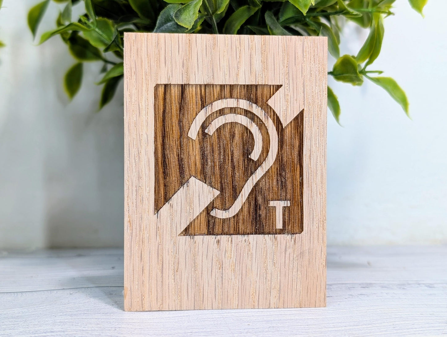 Hearing Loop Sign - Freestanding Engraved Oak Block - Accessible Signage for Businesses and Public Spaces - 2 Sizes - Hearing Aid Symbol