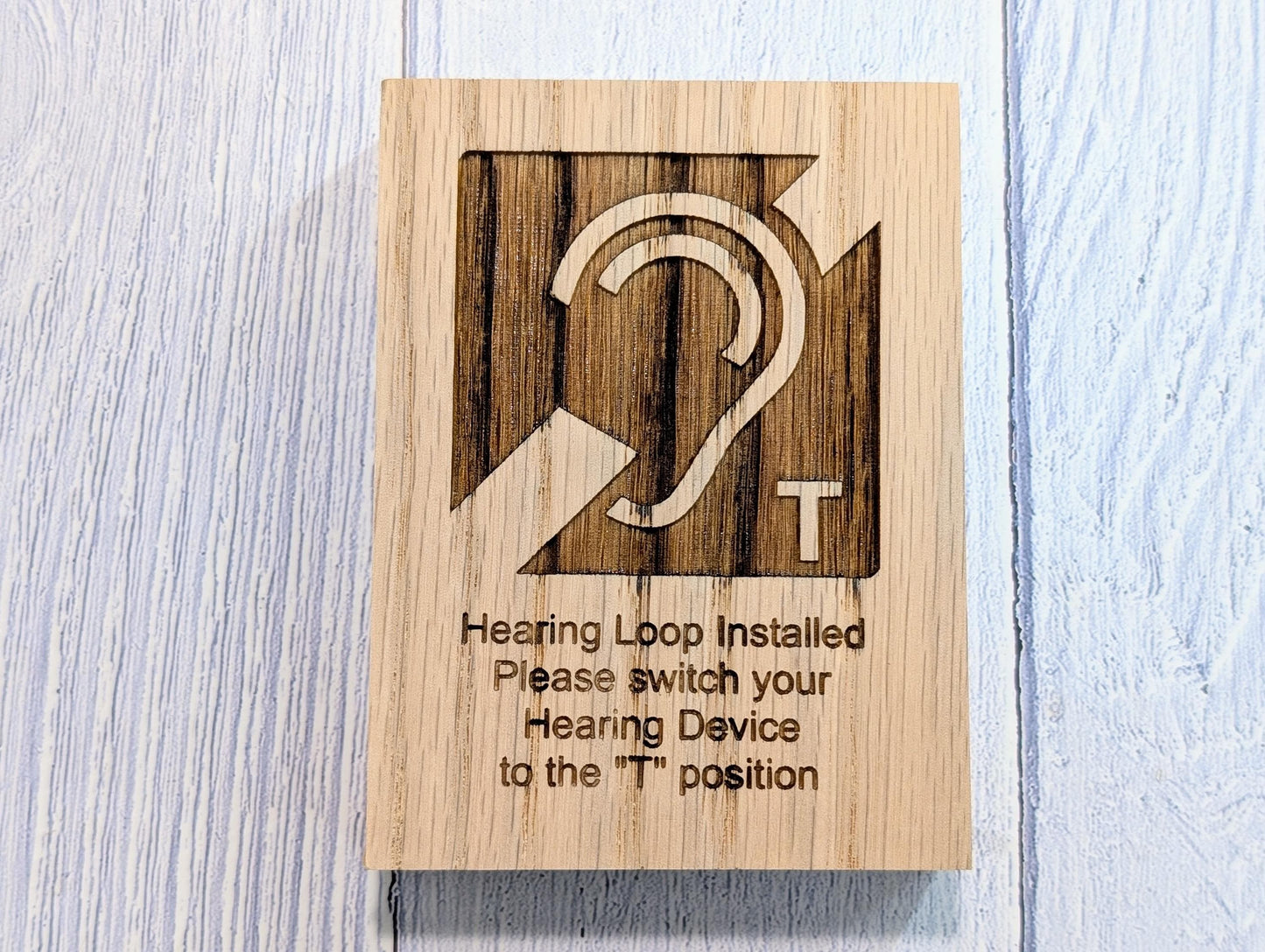 Hearing Loop Signage - Accessible Signs for Businesses and Public Spaces - Freestanding Engraved Oak Block - 2 Sizes - Hearing Aid Symbol