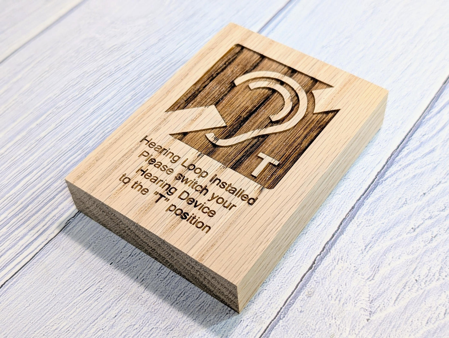 Hearing Loop Signage - Accessible Signs for Businesses and Public Spaces - Freestanding Engraved Oak Block - 2 Sizes - Hearing Aid Symbol