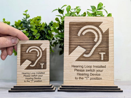 Personalised Wooden Hearing Loop Sign – Freestanding Table Sign for Accessibility, Office, & Public Spaces- Two Sizes - Removable Base