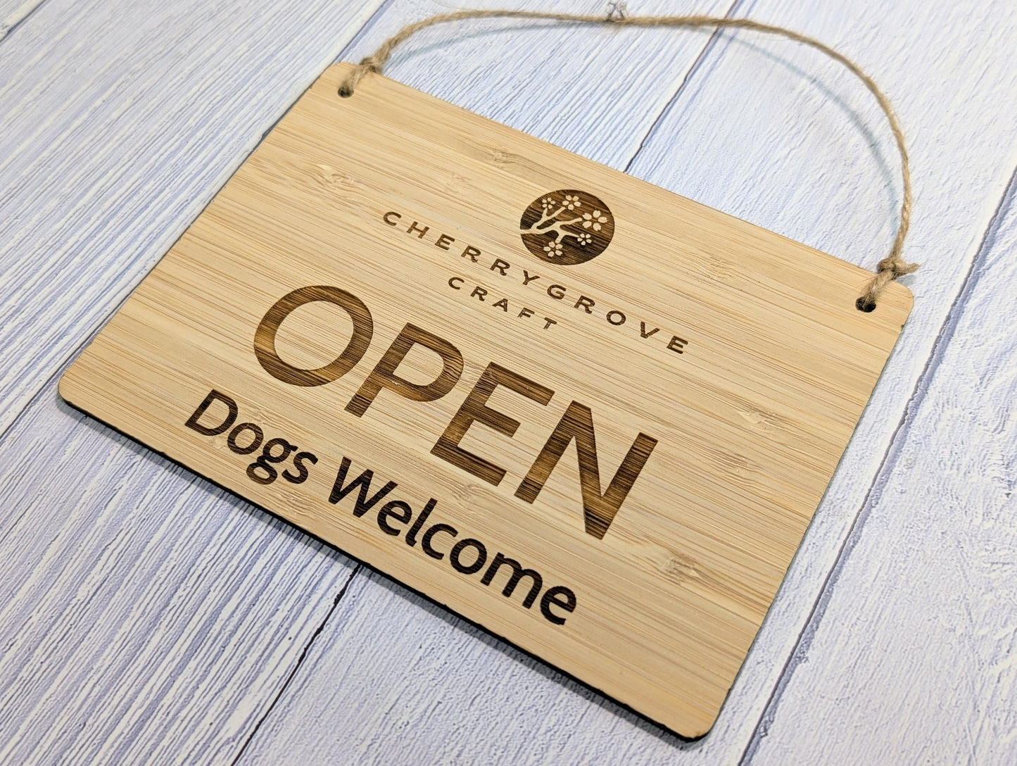 Personalised Bamboo Open and Closed Dog Friendly Sign for Business - Eco 2 Sided Veneered, Wood Signage, Sustainable Shop Door Plaque