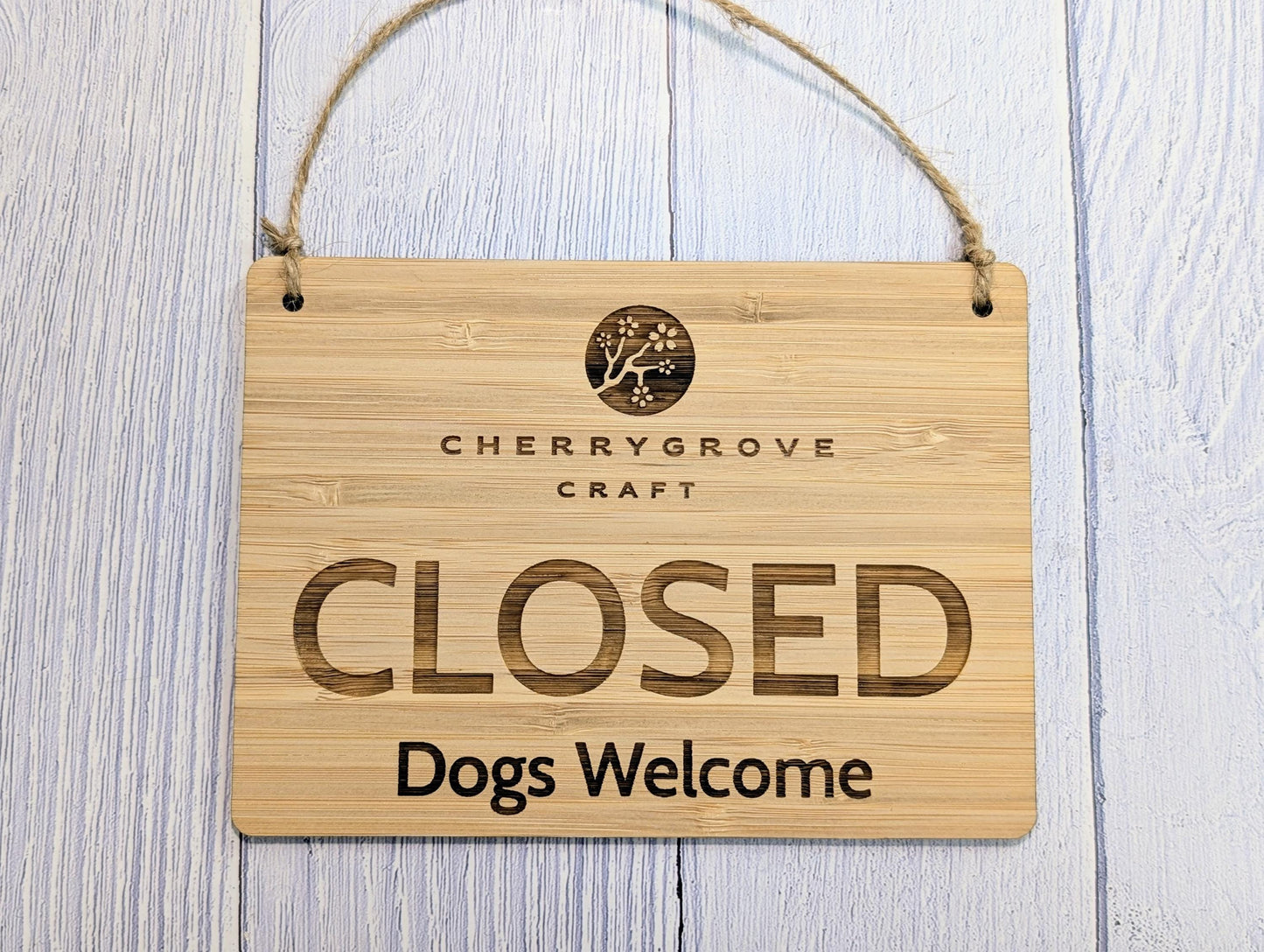 Personalised Bamboo Open and Closed Dog Friendly Sign for Business - Eco 2 Sided Veneered, Wood Signage, Sustainable Shop Door Plaque