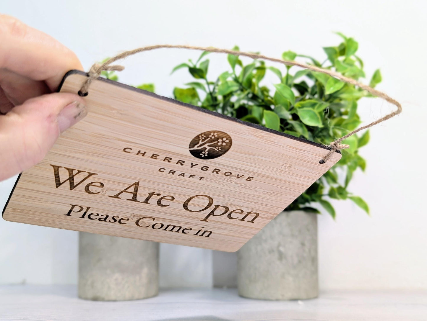 Personalised 'We Are Open, Please Come In' Bamboo Sign - Custom Logo Welcome Sign - Available in 4 Sizes - Shop Sign, Office Door Sign, Bulk