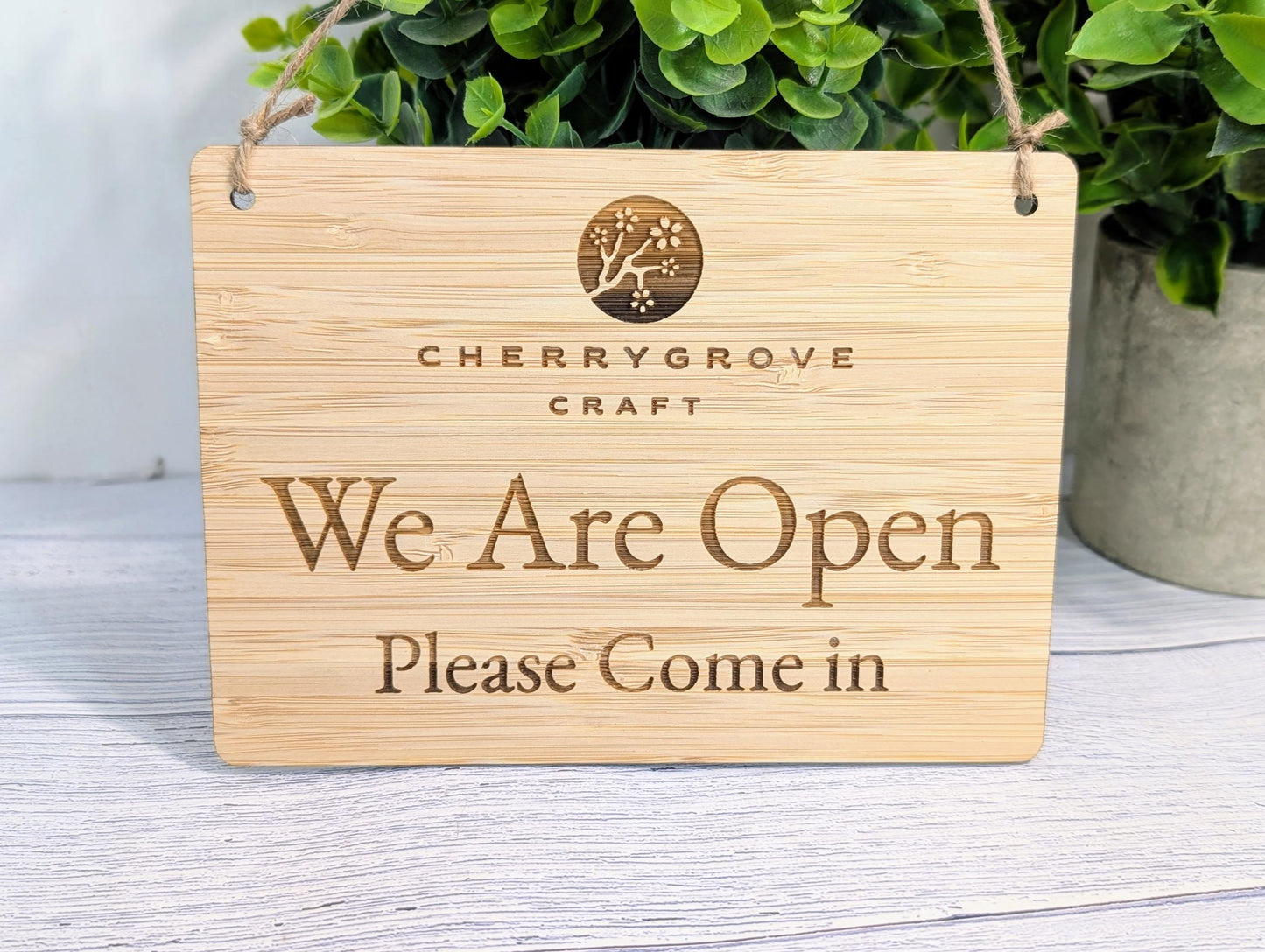 Personalised 'We Are Open, Please Come In' Bamboo Sign - Custom Logo Welcome Sign - Available in 4 Sizes - Shop Sign, Office Door Sign, Bulk