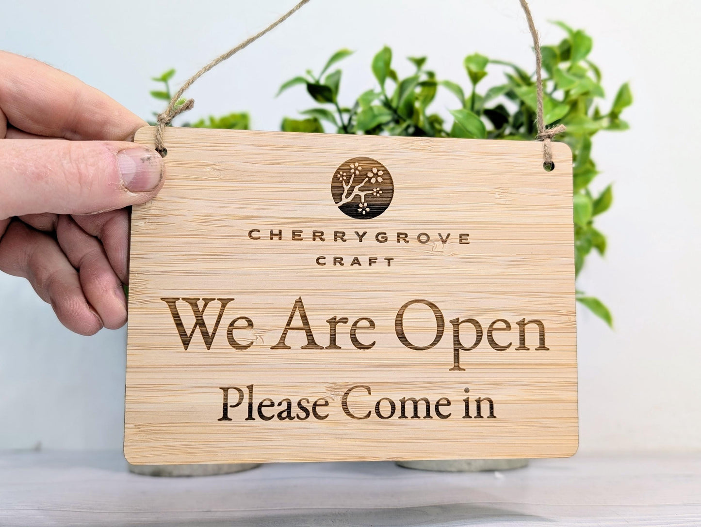 Personalised 'We Are Open, Please Come In' Bamboo Sign - Custom Logo Welcome Sign - Available in 4 Sizes - Shop Sign, Office Door Sign, Bulk