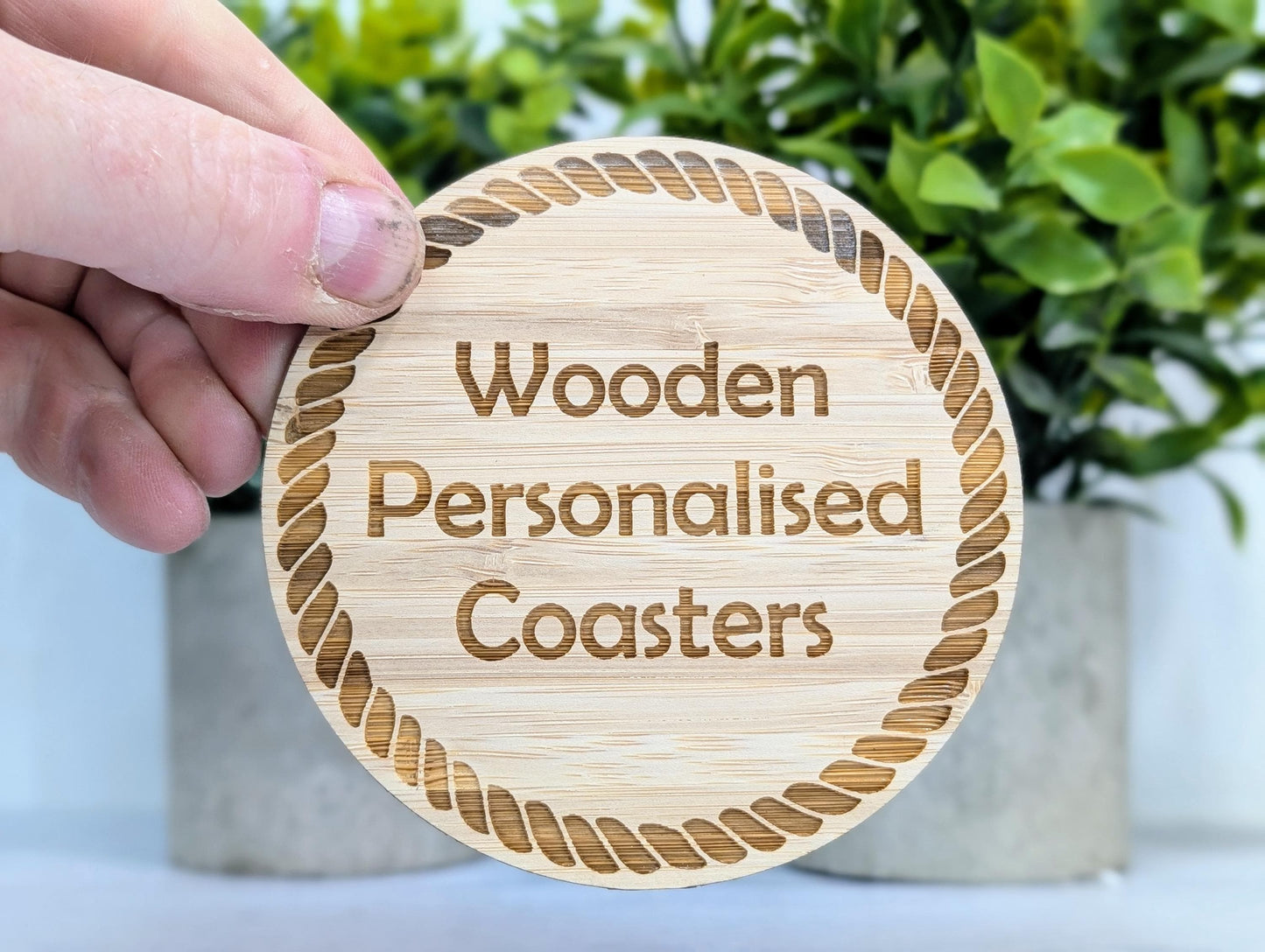 Personalised Bamboo Coasters, Rope Border – Custom Text, Nautical Gift, Eco-Friendly Boat Gift, Sustainable Craft, Round 100mm Diameter