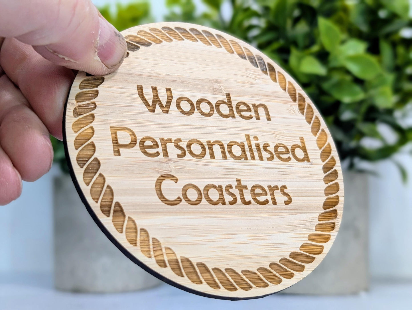 Personalised Bamboo Coasters, Rope Border – Custom Text, Nautical Gift, Eco-Friendly Boat Gift, Sustainable Craft, Round 100mm Diameter