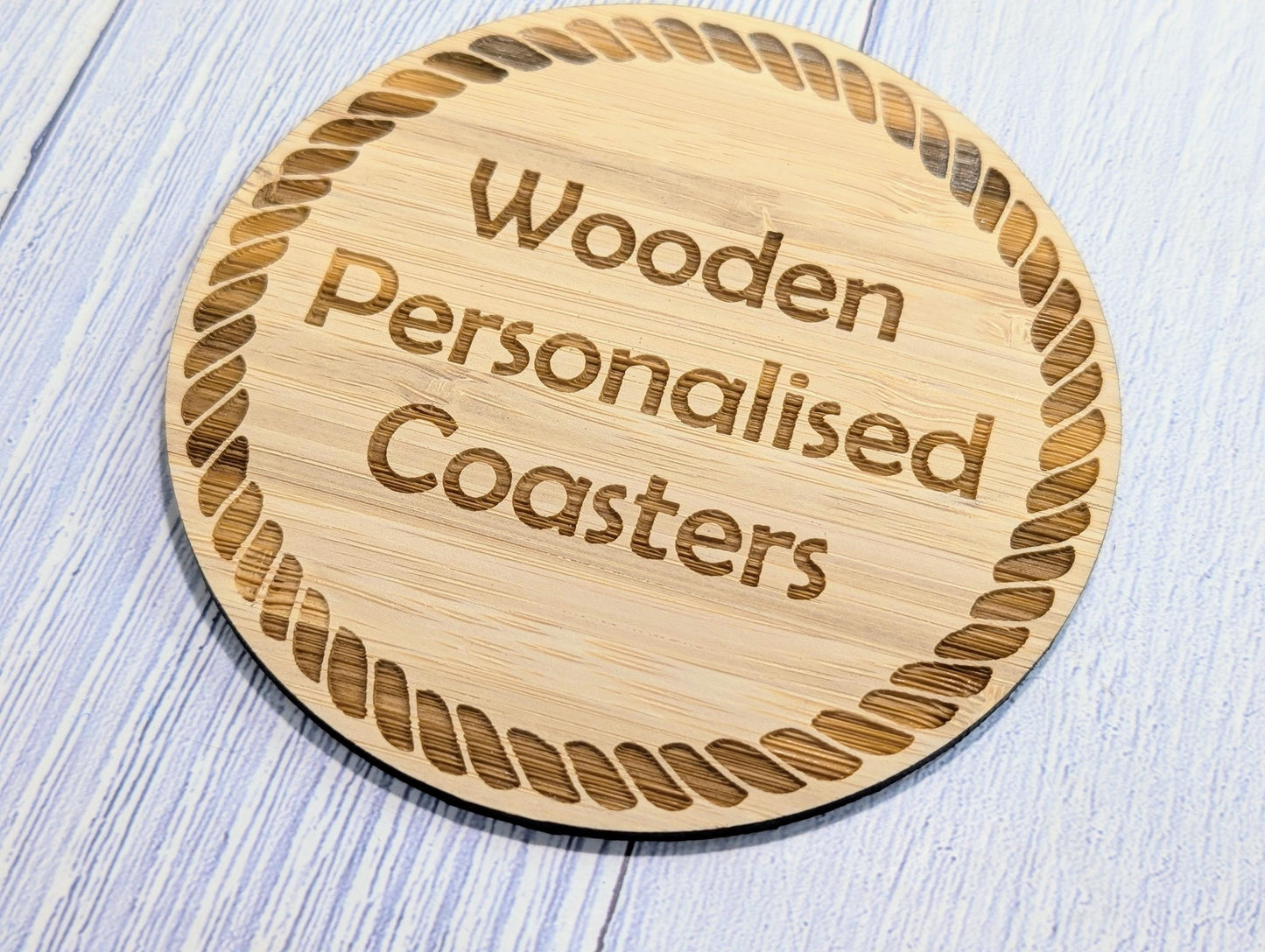 Personalised Bamboo Coasters, Rope Border – Custom Text, Nautical Gift, Eco-Friendly Boat Gift, Sustainable Craft, Round 100mm Diameter