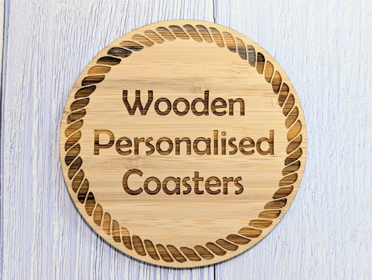 Personalised Bamboo Coasters, Rope Border – Custom Text, Nautical Gift, Eco-Friendly Boat Gift, Sustainable Craft, Round 100mm Diameter