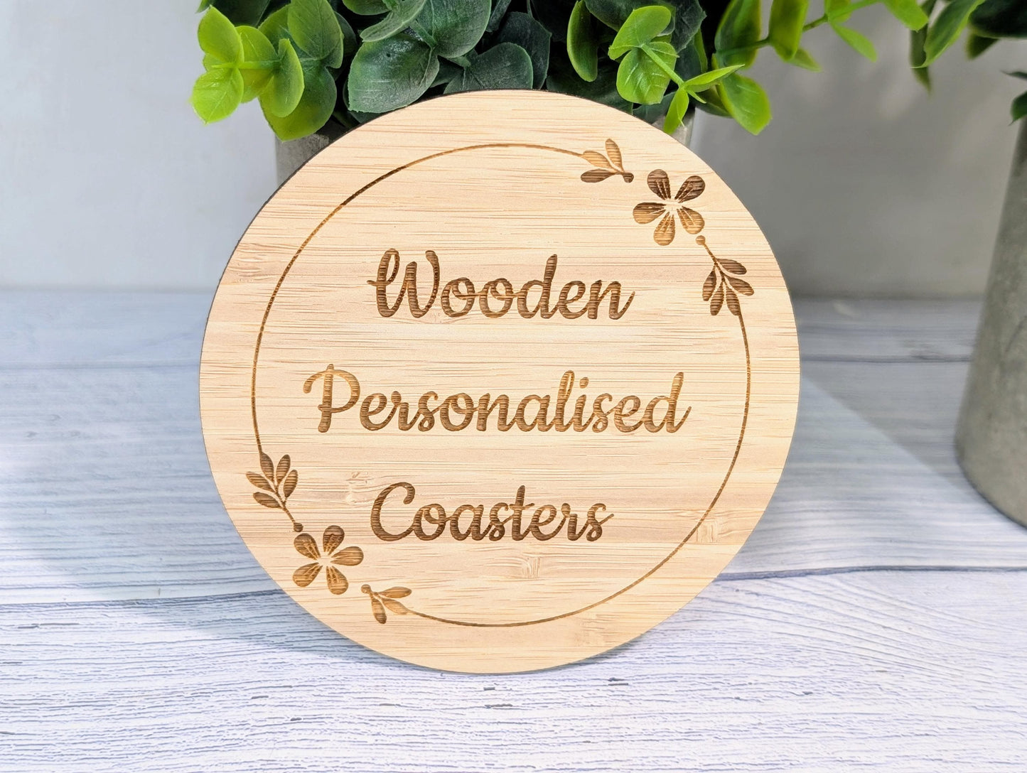 Custom Bamboo Coasters – Eco-Friendly Gift, Personalised Text, Engraved Border – Bespoke Sustainable Craft, 100mm Diameter, Coffee & Tea