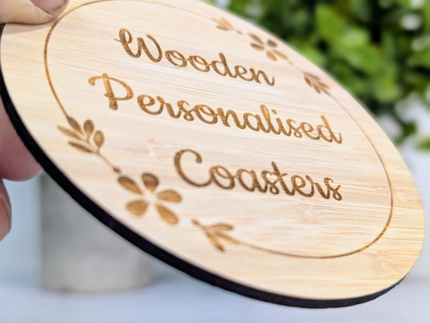 Custom Bamboo Coasters – Eco-Friendly Gift, Personalised Text, Engraved Border – Bespoke Sustainable Craft, 100mm Diameter, Coffee & Tea