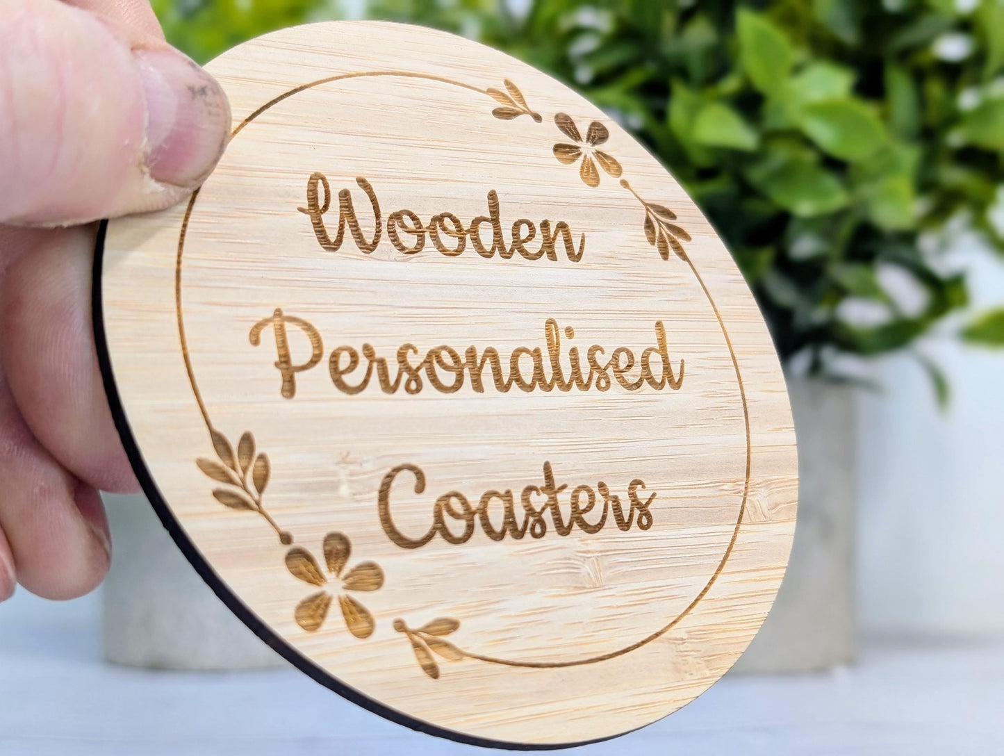 Custom Bamboo Coasters – Eco-Friendly Gift, Personalised Text, Engraved Border – Bespoke Sustainable Craft, 100mm Diameter, Coffee & Tea