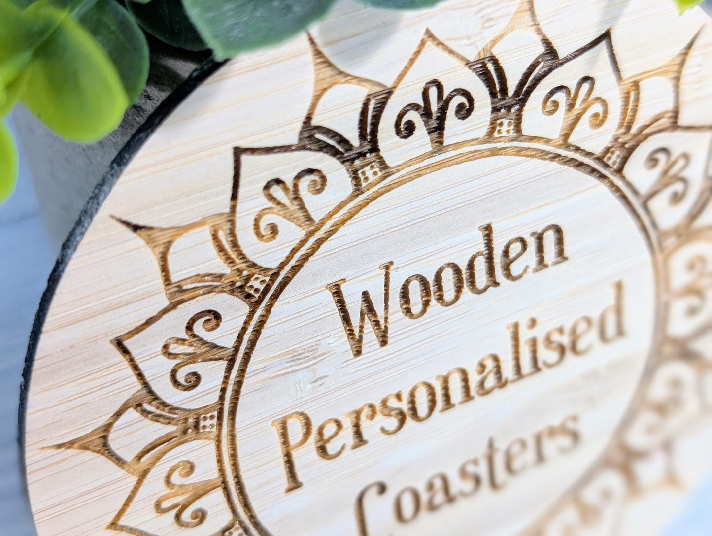 Custom Bamboo Coasters – Eco-Friendly Gift, Personalised Text, Engraved Border – Bespoke Sustainable Craft, 100mm Diameter, Coffee & Tea