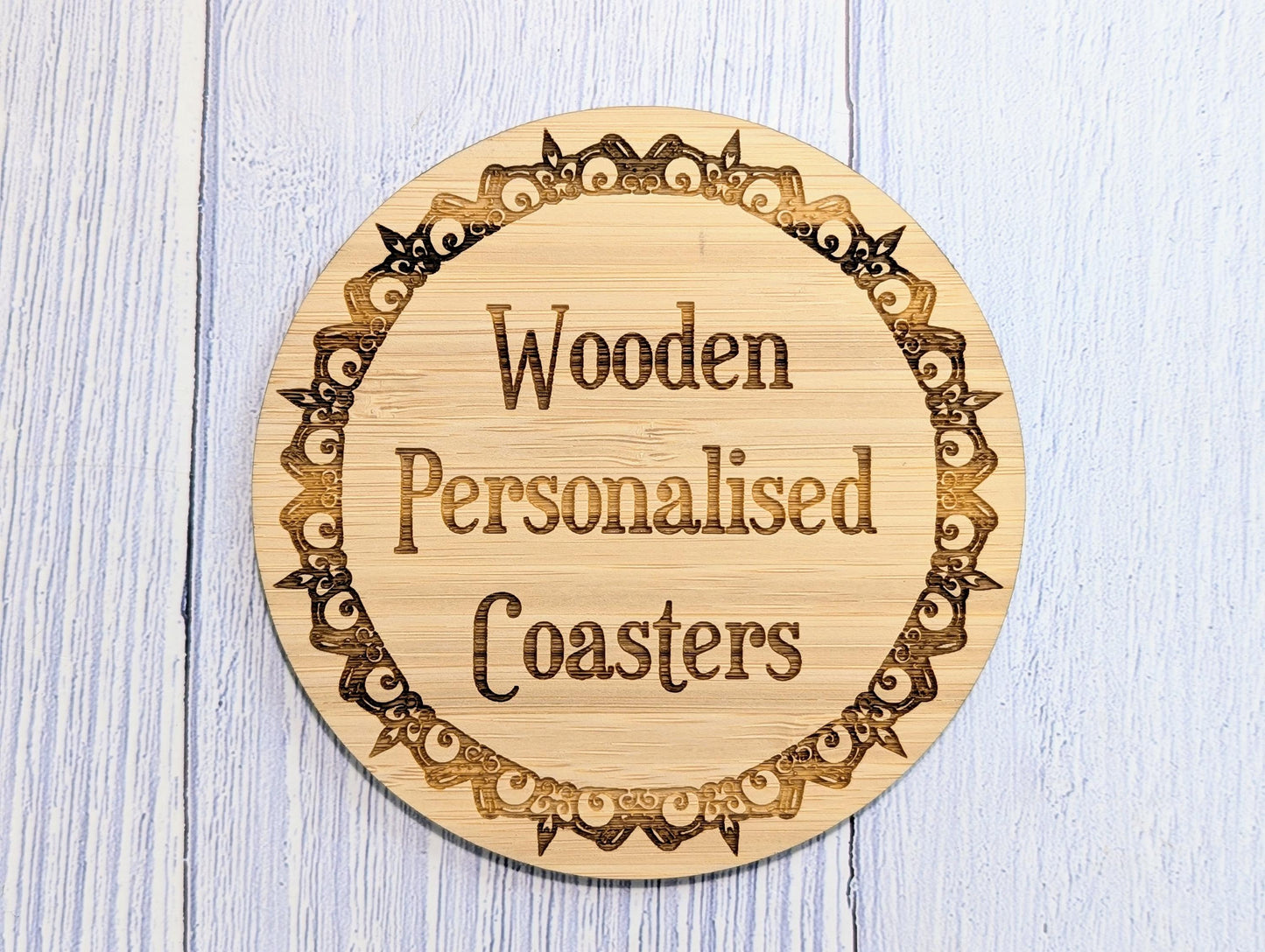 Bamboo Custom Coasters – Eco-Friendly Gift, Personalised Text, Engraved Border – Bespoke Sustainable Craft, 100mm Diameter, Coffee & Tea