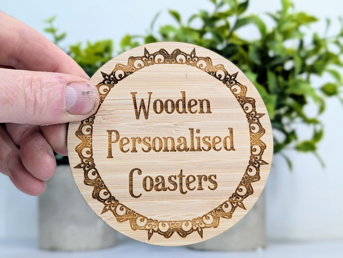 Bamboo Custom Coasters – Eco-Friendly Gift, Personalised Text, Engraved Border – Bespoke Sustainable Craft, 100mm Diameter, Coffee & Tea