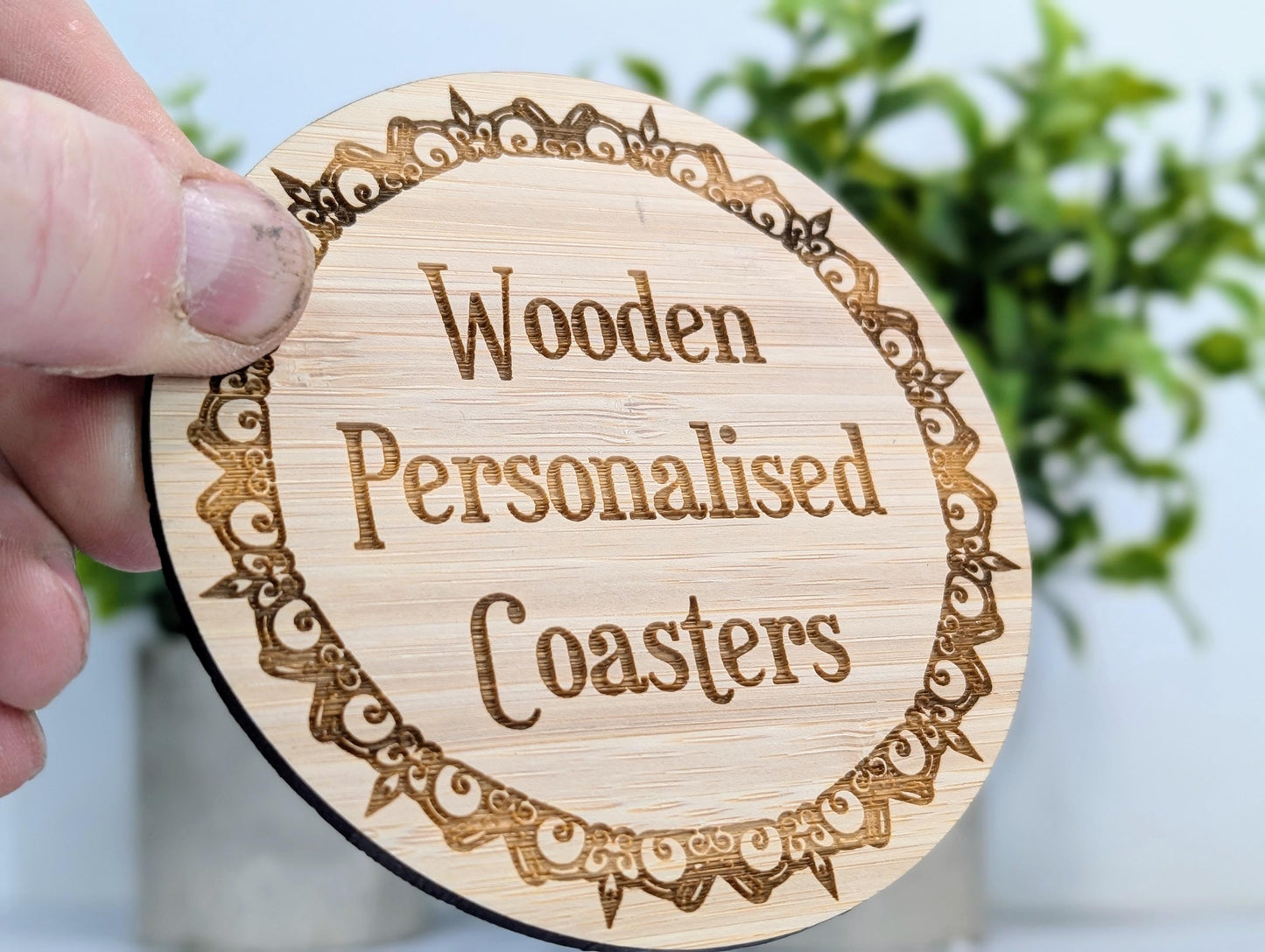 Bamboo Custom Coasters – Eco-Friendly Gift, Personalised Text, Engraved Border – Bespoke Sustainable Craft, 100mm Diameter, Coffee & Tea