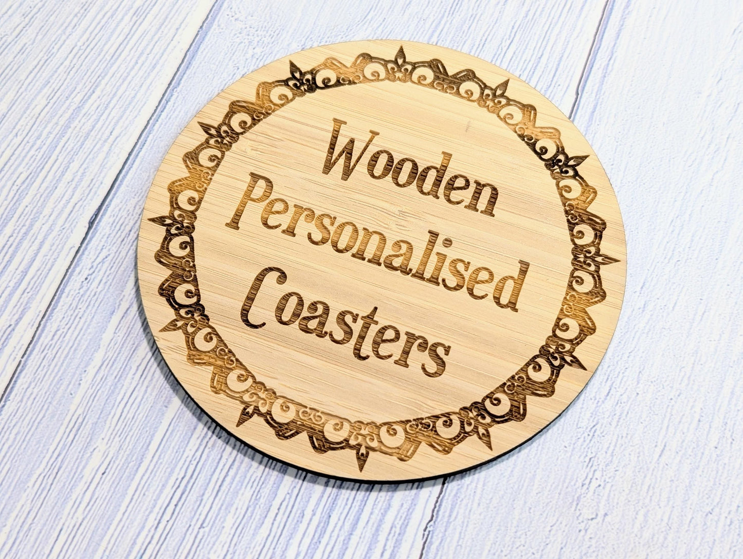 Bamboo Custom Coasters – Eco-Friendly Gift, Personalised Text, Engraved Border – Bespoke Sustainable Craft, 100mm Diameter, Coffee & Tea