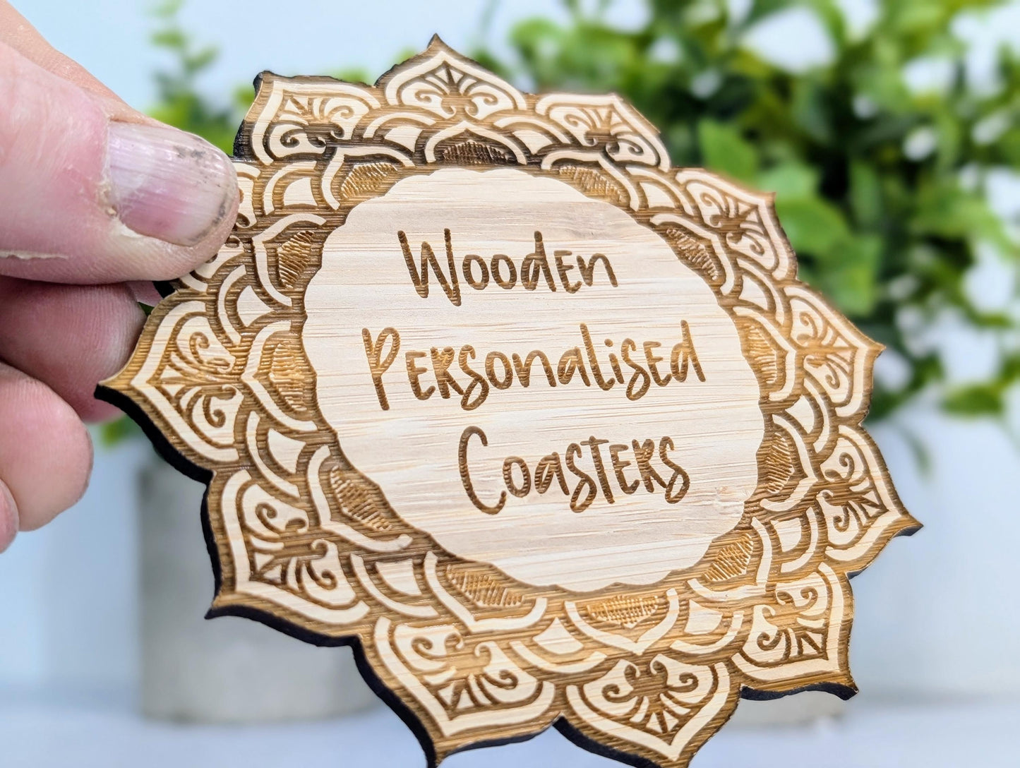 Custom Bamboo Mandala Coasters - Personalised Message Text – Eco-Friendly, Engraved Border – Bespoke Sustainable Craft, 110mm Diameter