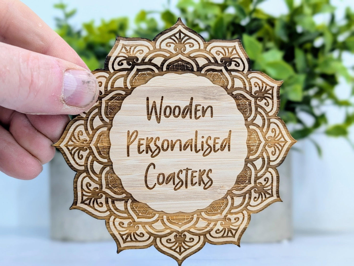 Custom Bamboo Mandala Coasters - Personalised Message Text – Eco-Friendly, Engraved Border – Bespoke Sustainable Craft, 110mm Diameter