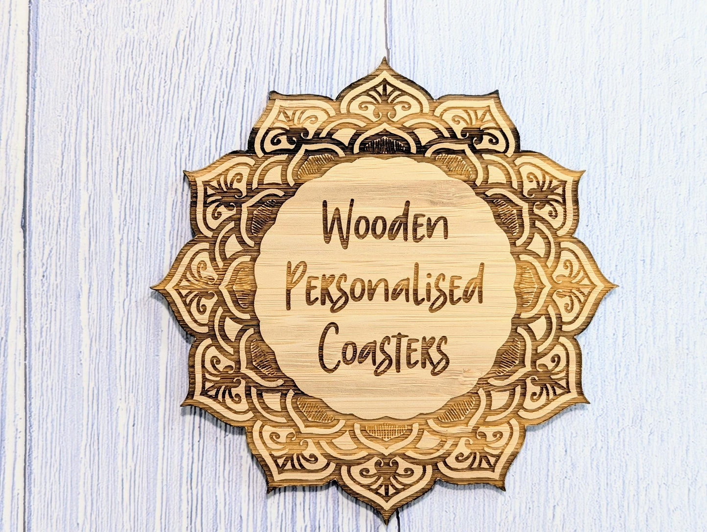 Custom Bamboo Mandala Coasters - Personalised Message Text – Eco-Friendly, Engraved Border – Bespoke Sustainable Craft, 110mm Diameter