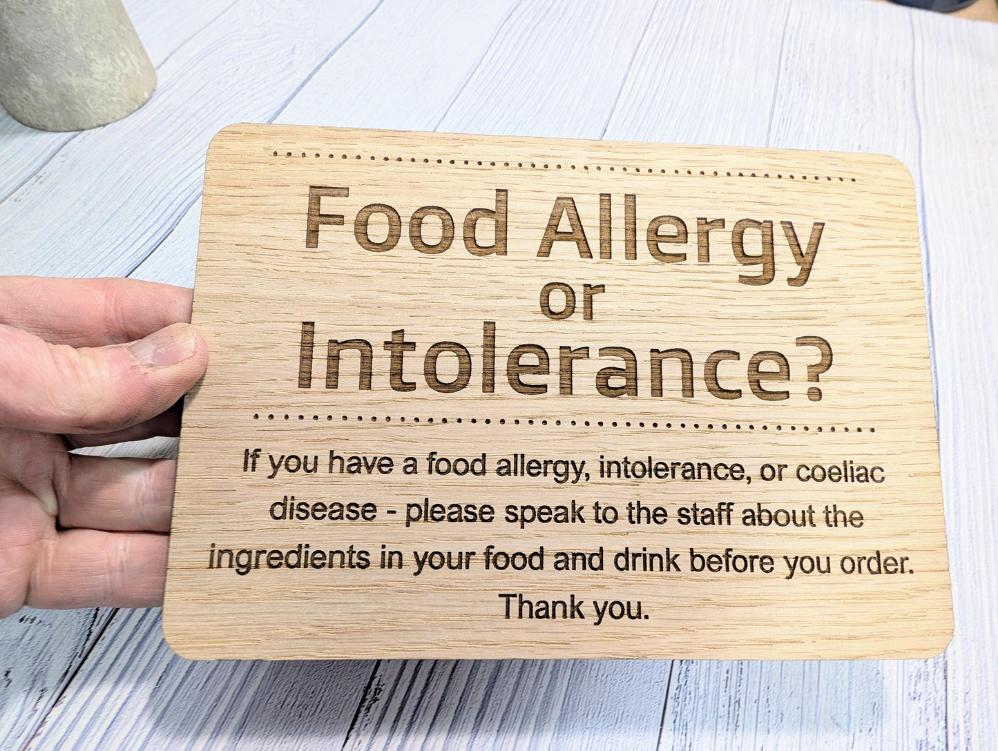 Personalised Wooden Food Allergy Sign – Freestanding Oak Café & Restaurant Notice for Allergy, Intolerance and Coeliac Info, Optional Stand