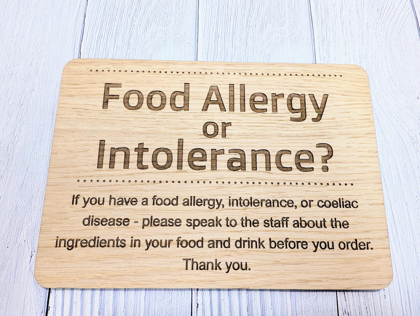 Personalised Wooden Food Allergy Sign – Freestanding Oak Café & Restaurant Notice for Allergy, Intolerance and Coeliac Info, Optional Stand
