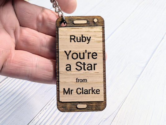Personalised Student Keyring – "You're a Star" Teacher Gift, Mobile Phone Shape, End of Term Keepsake, Custom Class Gift
