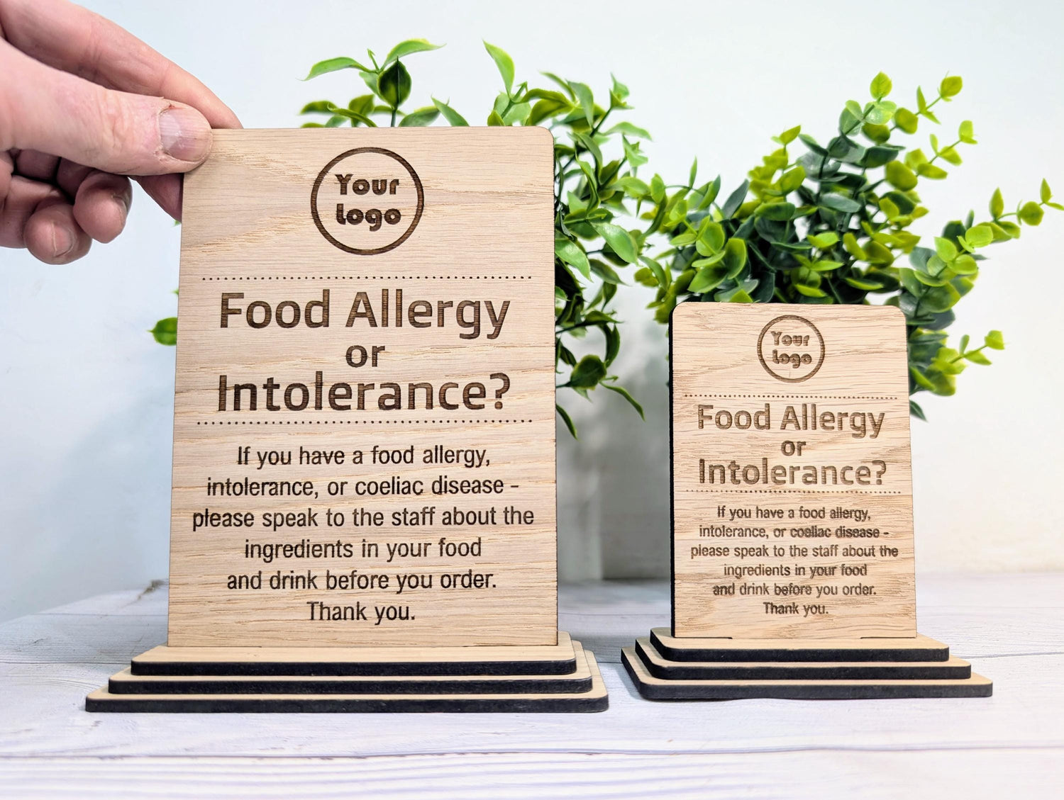 Personalised wooden food allergy sign with logo — freestanding oak veneered MDF, standard size