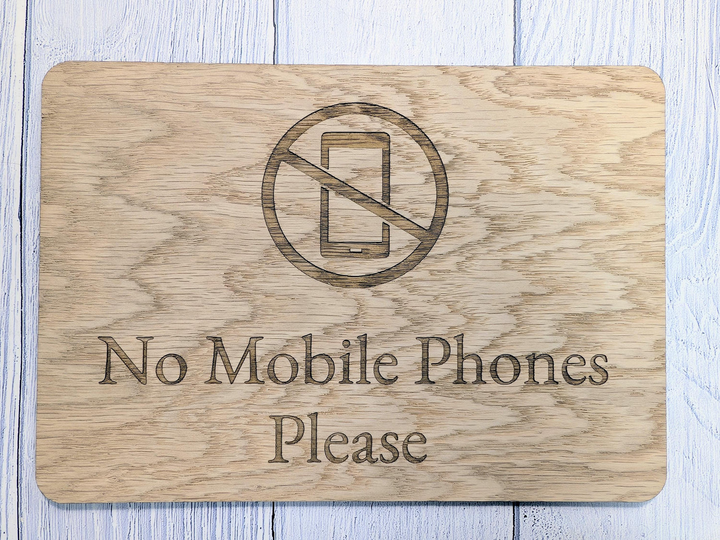 No Mobile Phones Sign – Wooden Oak Veneer Plaque – Freestanding No Phones Sign for Shops & Cafés – Optional Counter Stand