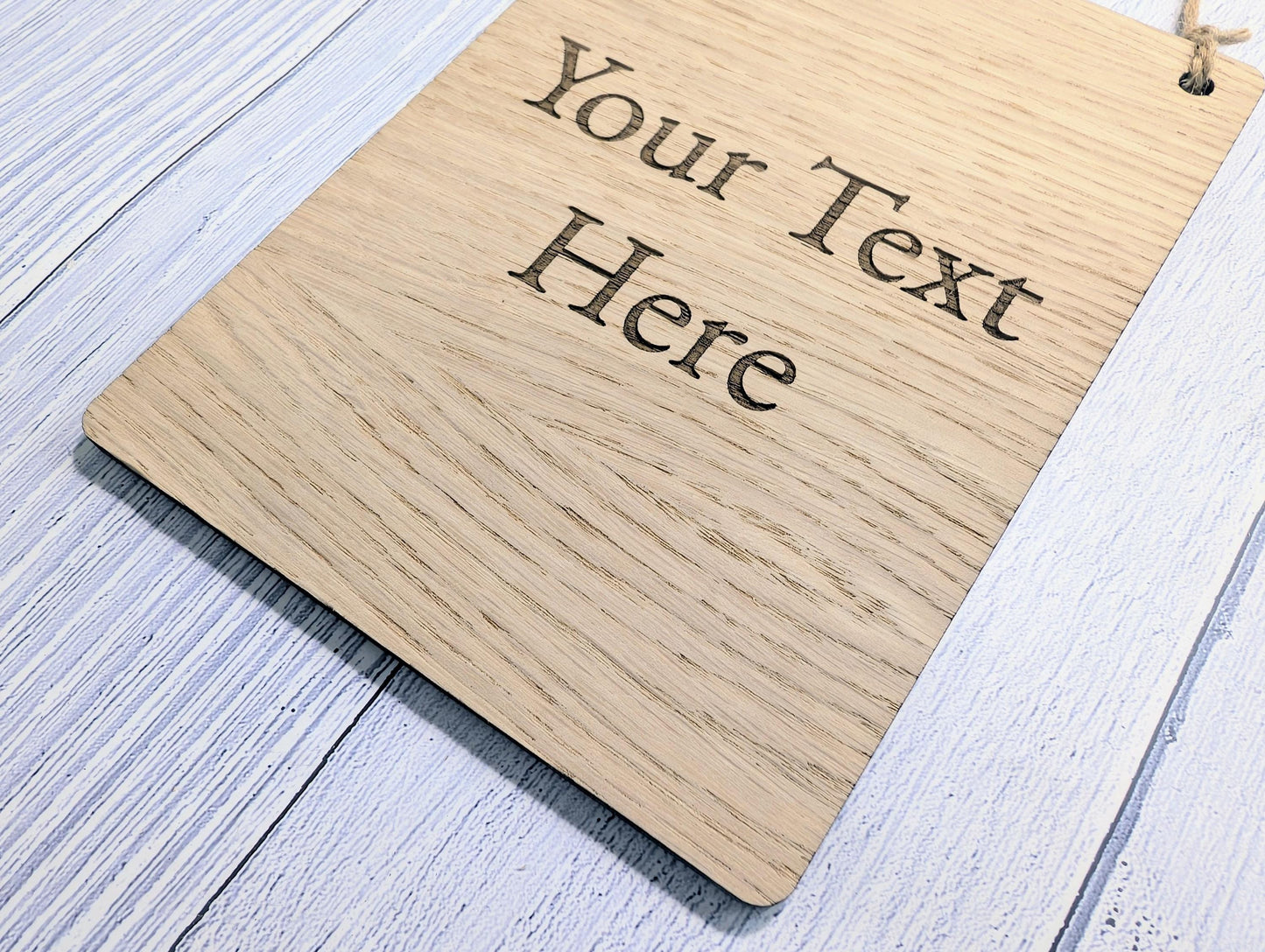 Personalised Oak Sign – Custom Text Portrait Plaque – Wooden Business or Home Sign – Natural Jute String, Hanging Door Sign, Wall Signage