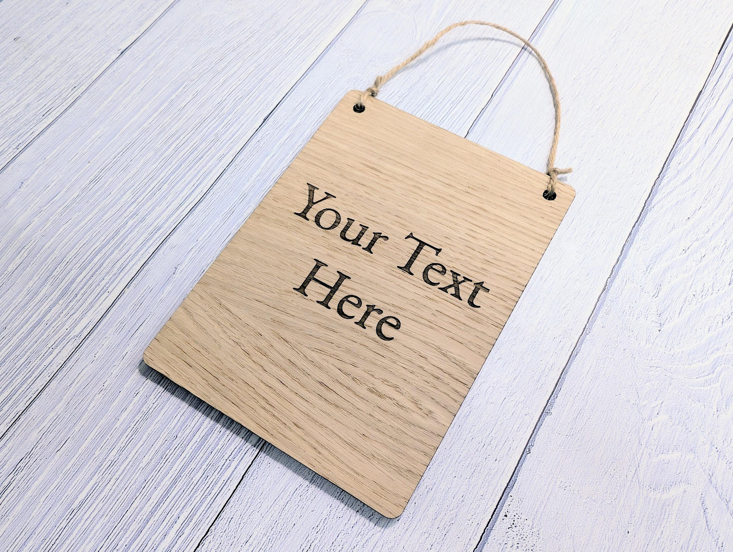 Personalised Oak Sign – Custom Text Portrait Plaque – Wooden Business or Home Sign – Natural Jute String, Hanging Door Sign, Wall Signage