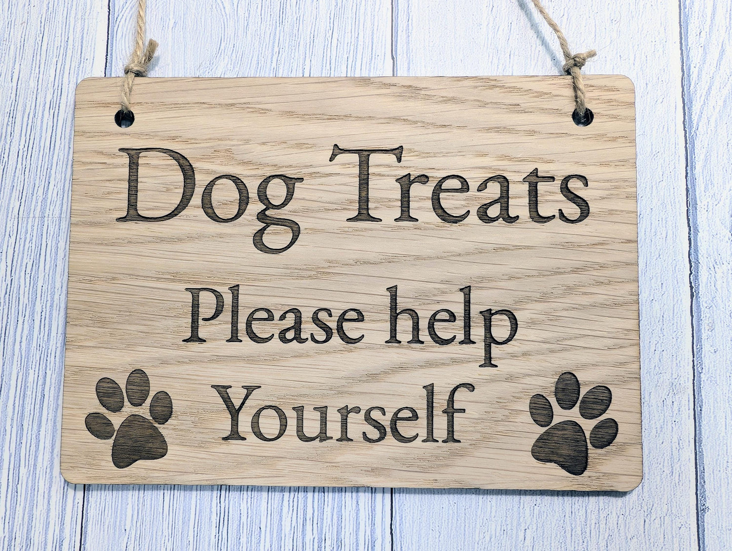 Dog Treats Please Help Yourself Sign – Solid Oak Plaque with Paw Prints – Rustic Wooden Dog Treat Station Sign – Handmade in Wales