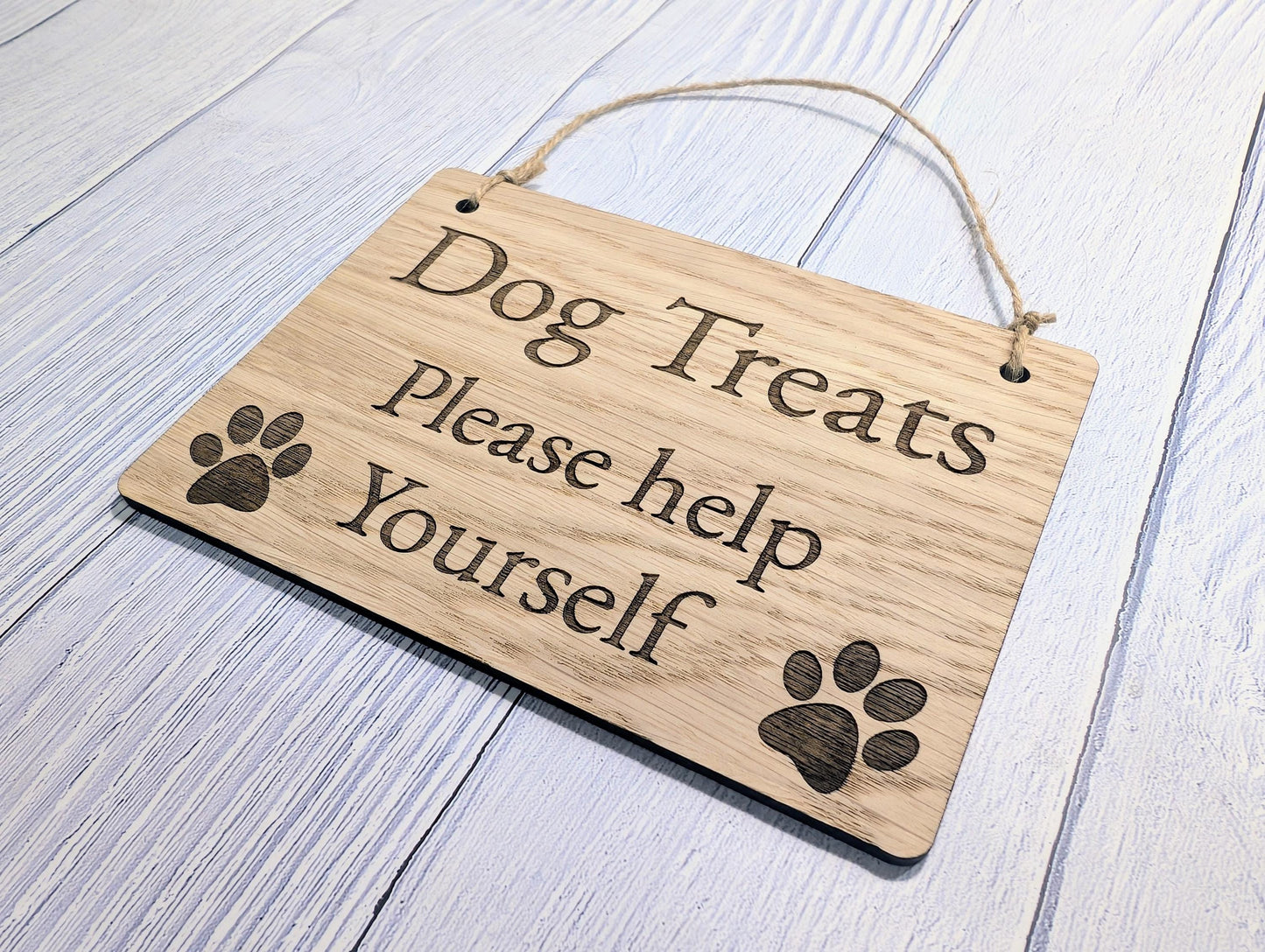 Dog Treats Please Help Yourself Sign – Solid Oak Plaque with Paw Prints – Rustic Wooden Dog Treat Station Sign – Handmade in Wales