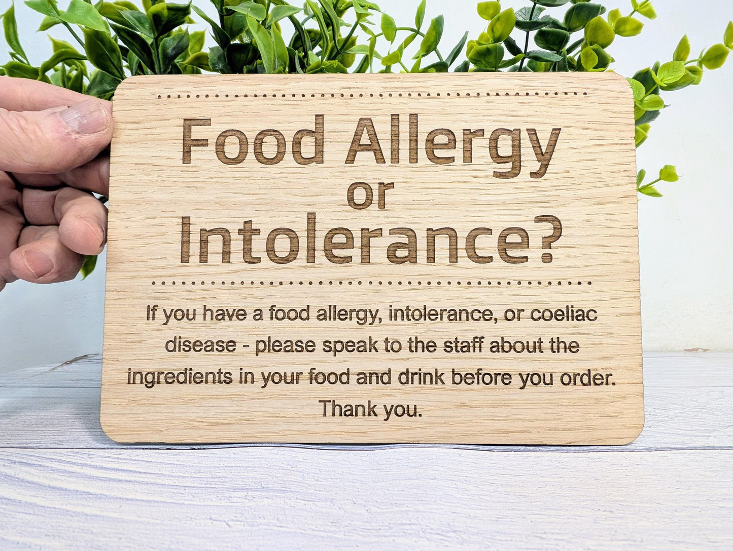 Personalised Wooden Food Allergy Sign – Freestanding Oak Café & Restaurant Notice for Allergy, Intolerance and Coeliac Info, Optional Stand