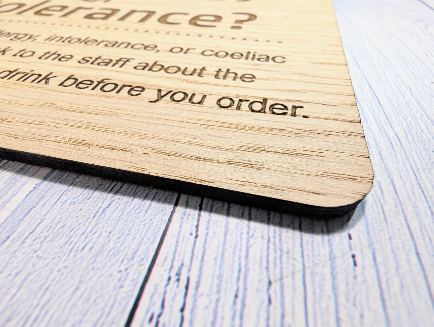 Personalised Wooden Food Allergy Sign – Freestanding Oak Café & Restaurant Notice for Allergy, Intolerance and Coeliac Info, Optional Stand