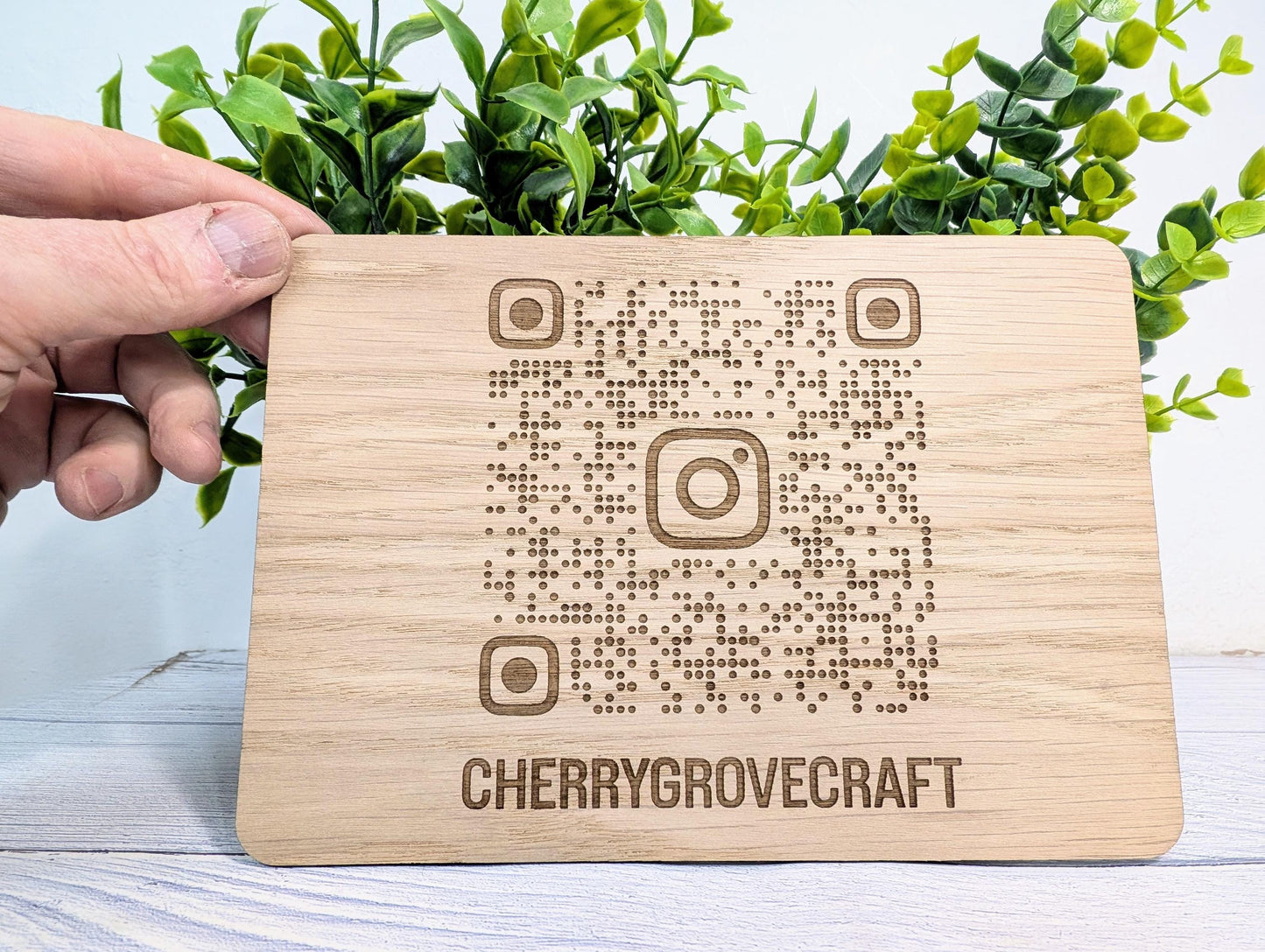 Custom Wooden Instagram QR Code Sign – Freestanding Oak Business Social Media Display for Businesses, Shops, Cafés, Market Stalls & Events