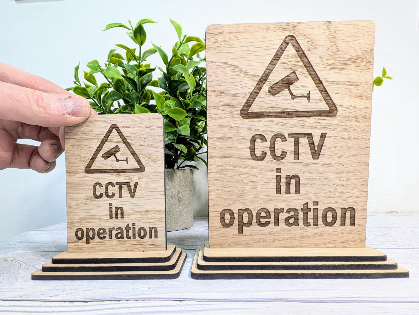 Freestanding Wooden CCTV in Operation Sign – Engraved Security Notice for Businesses, Shops & Public Spaces - Oak Business Signage
