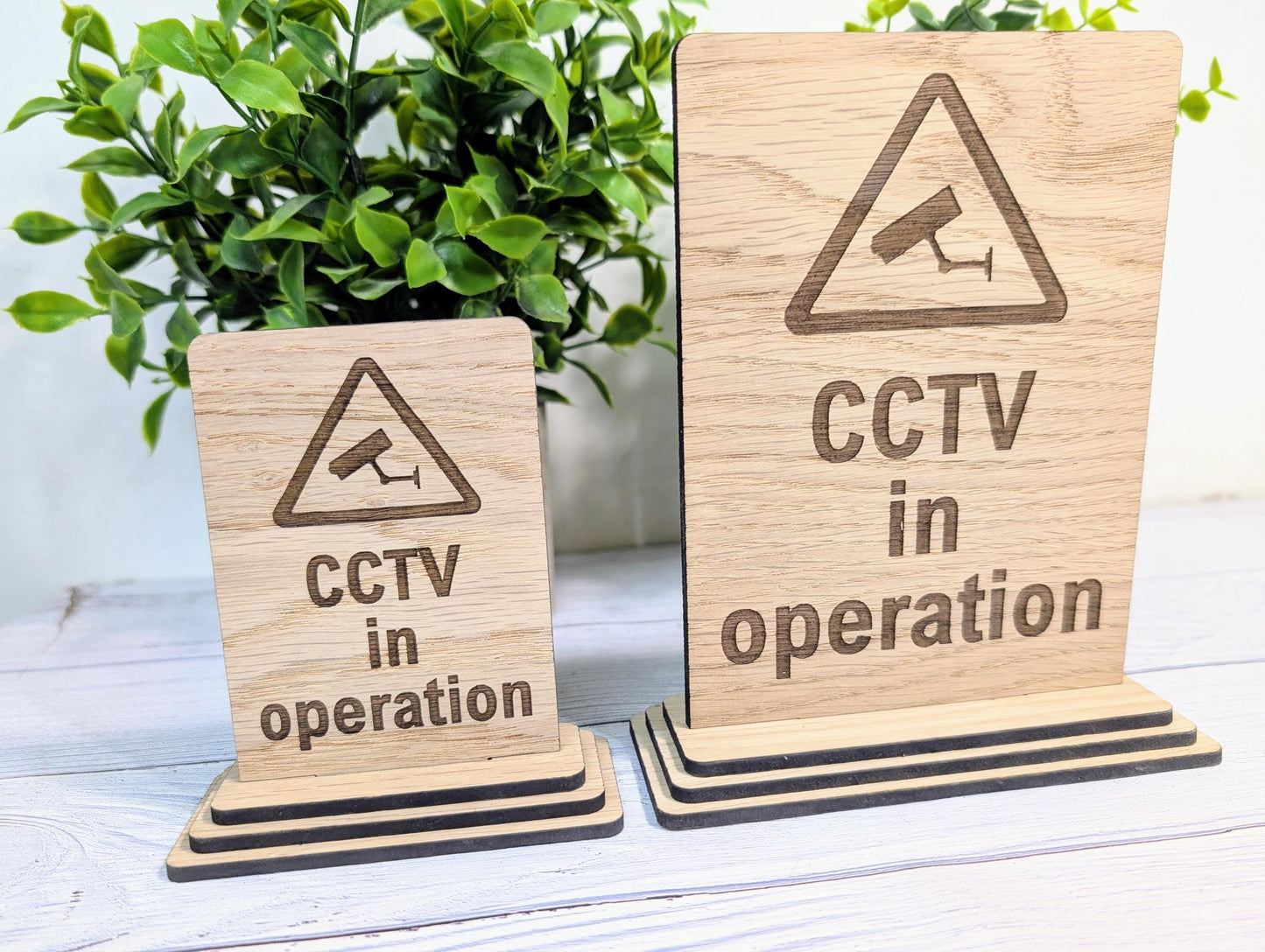 Freestanding Wooden CCTV in Operation Sign – Engraved Security Notice for Businesses, Shops & Public Spaces - Oak Business Signage