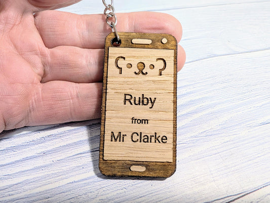 Personalised Student Keyring – Teacher Gift for Class, Cute Teddy Bear Design, Mobile Phone Shape, End of Term Keepsake