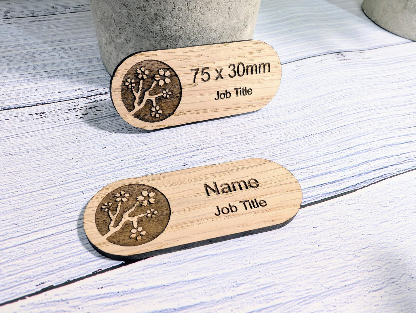 Personalised Wooden Name Badge 75x30mm – Lozenge Shape Oak Veneer with Magnet or Pin – Eco-Friendly Custom Work ID Tag
