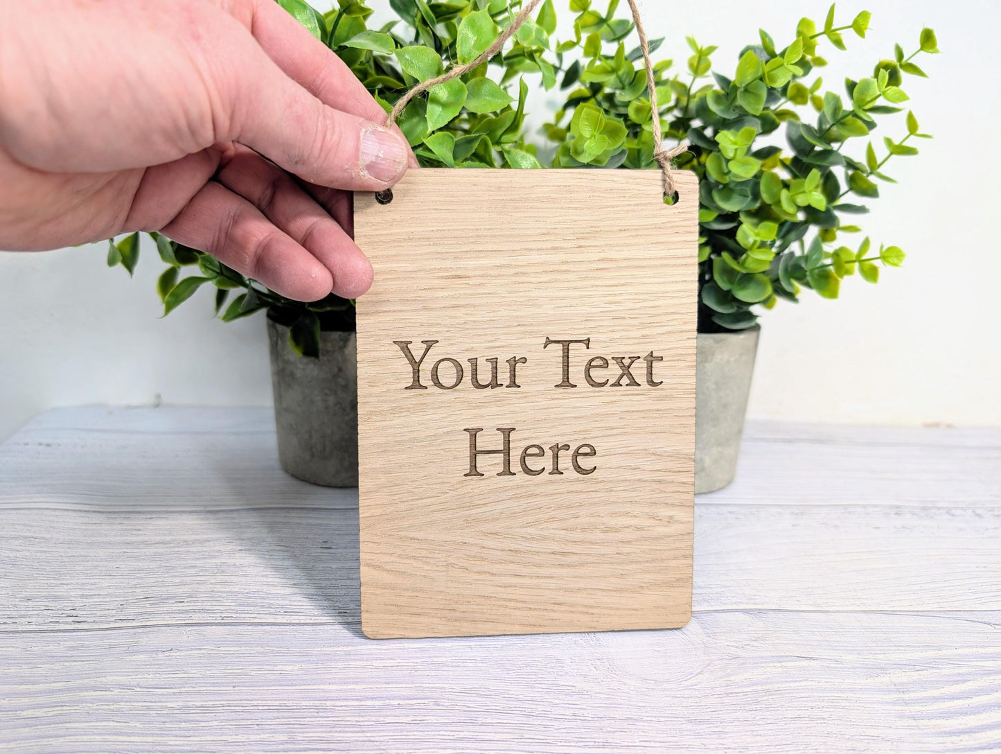 Personalised Oak Sign – Custom Text Portrait Plaque – Wooden Business or Home Sign – Natural Jute String, Hanging Door Sign, Wall Signage