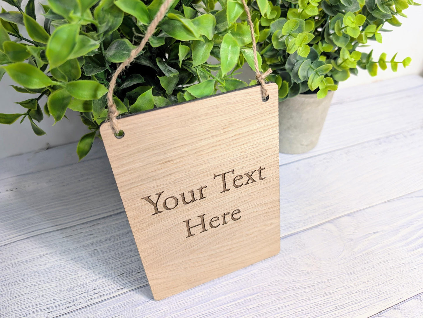 Personalised Oak Sign – Custom Text Portrait Plaque – Wooden Business or Home Sign – Natural Jute String, Hanging Door Sign, Wall Signage