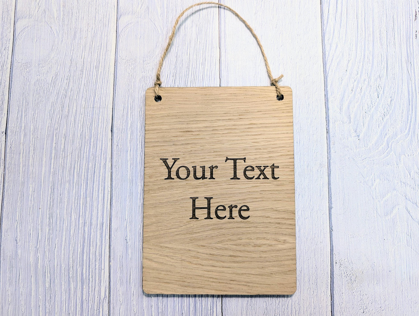 Personalised Oak Sign – Custom Text Portrait Plaque – Wooden Business or Home Sign – Natural Jute String, Hanging Door Sign, Wall Signage
