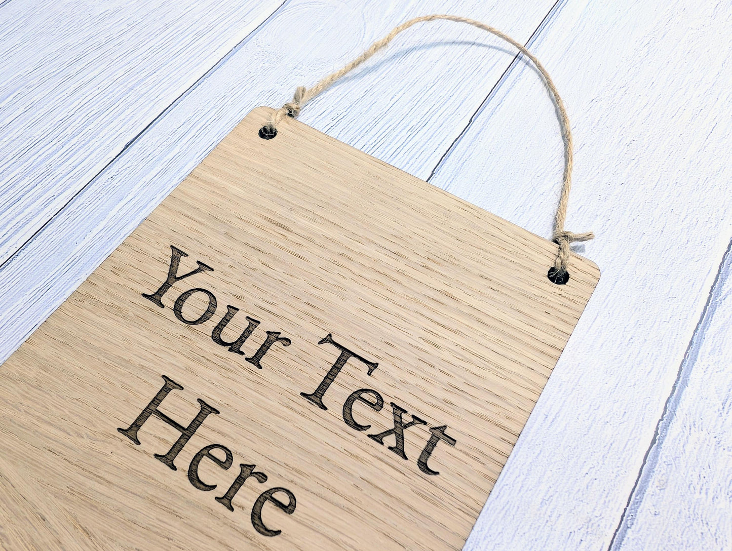 Personalised Oak Sign – Custom Text Portrait Plaque – Wooden Business or Home Sign – Natural Jute String, Hanging Door Sign, Wall Signage