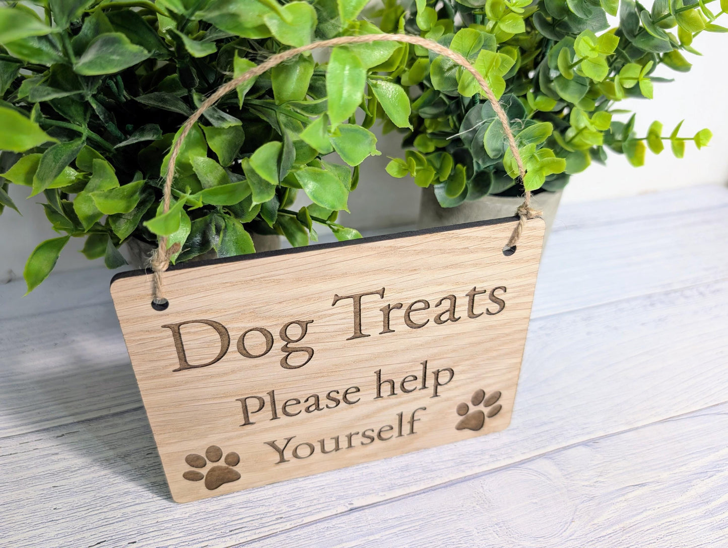Dog Treats Please Help Yourself Sign – Solid Oak Plaque with Paw Prints – Rustic Wooden Dog Treat Station Sign – Handmade in Wales