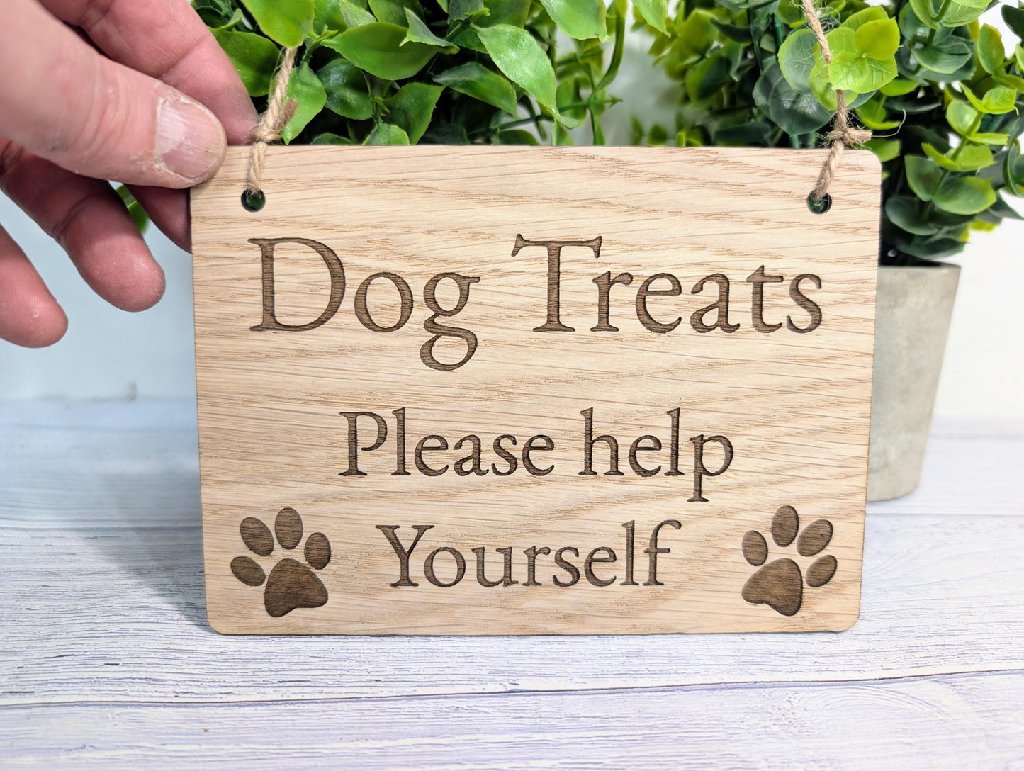 Dog Treats Please Help Yourself Sign – Solid Oak Plaque with Paw Prints – Rustic Wooden Dog Treat Station Sign – Handmade in Wales